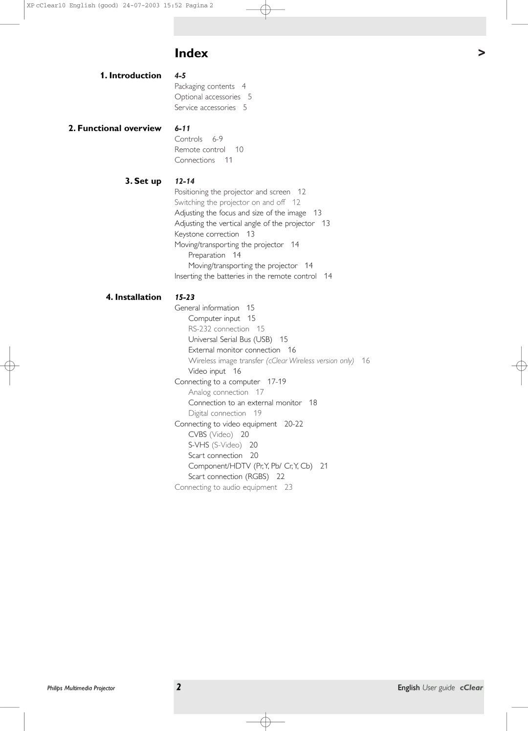 Philips bSure 1 manual Index, Introduction, Set up, Installation 