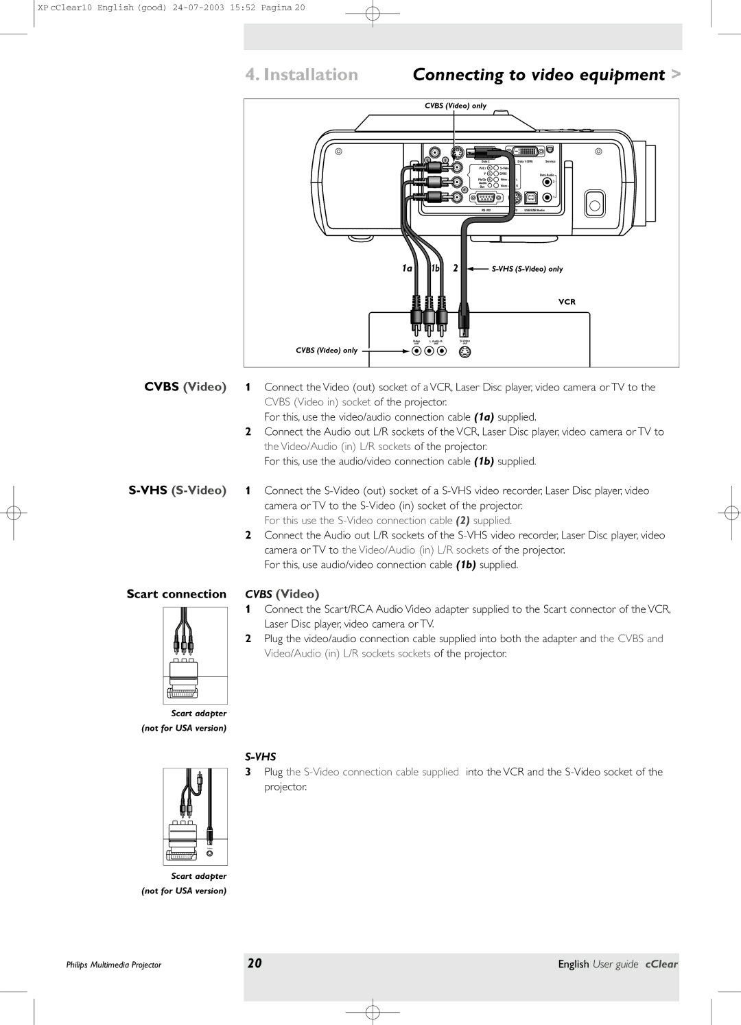 Philips bSure 1 manual Scart connection Cvbs Video, For this use the S-Video connection cable 2 supplied 