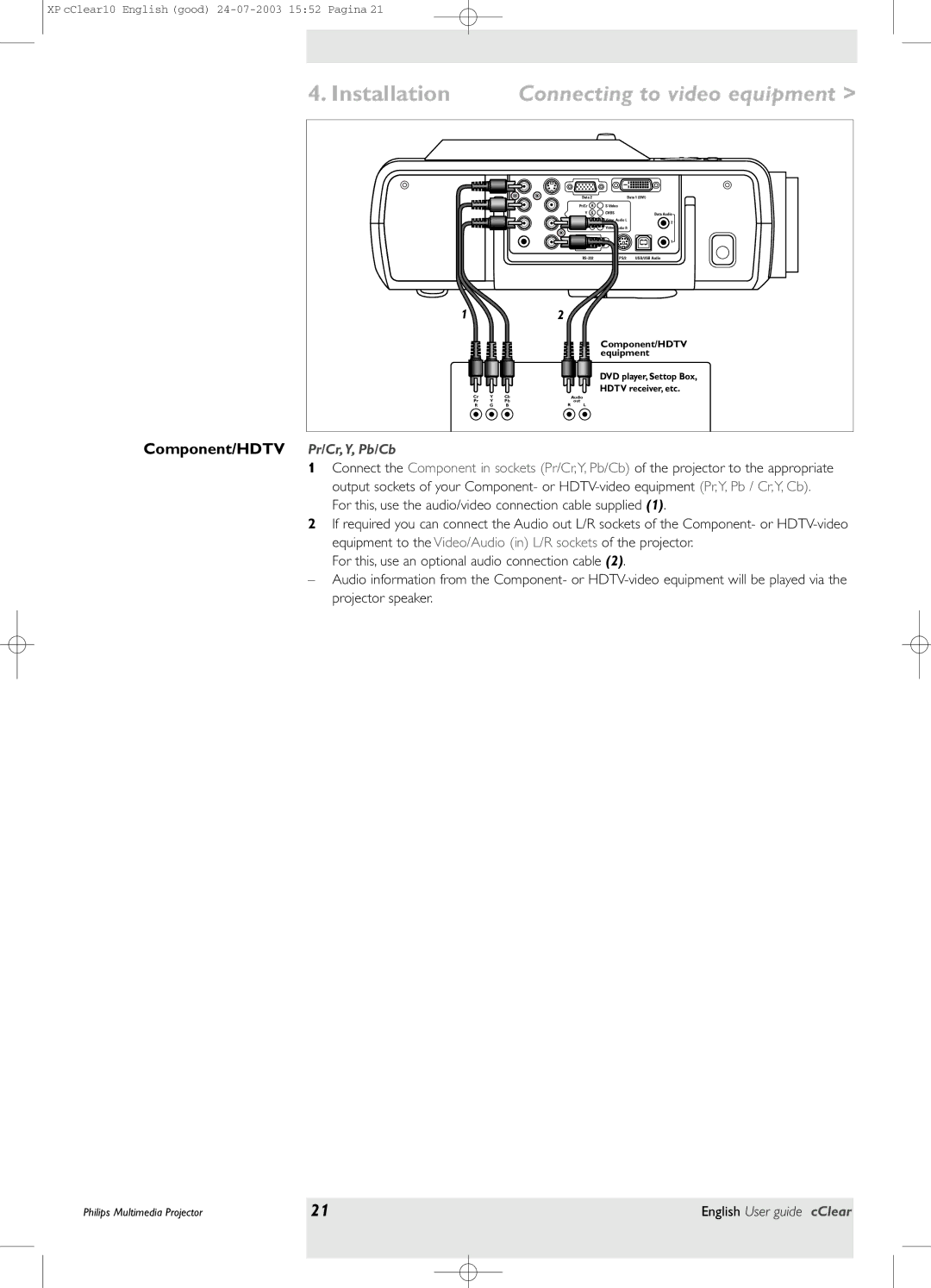 Philips bSure 1 manual Installation Connecting to video equipment, Component/HDTV Pr/Cr,Y, Pb/Cb 