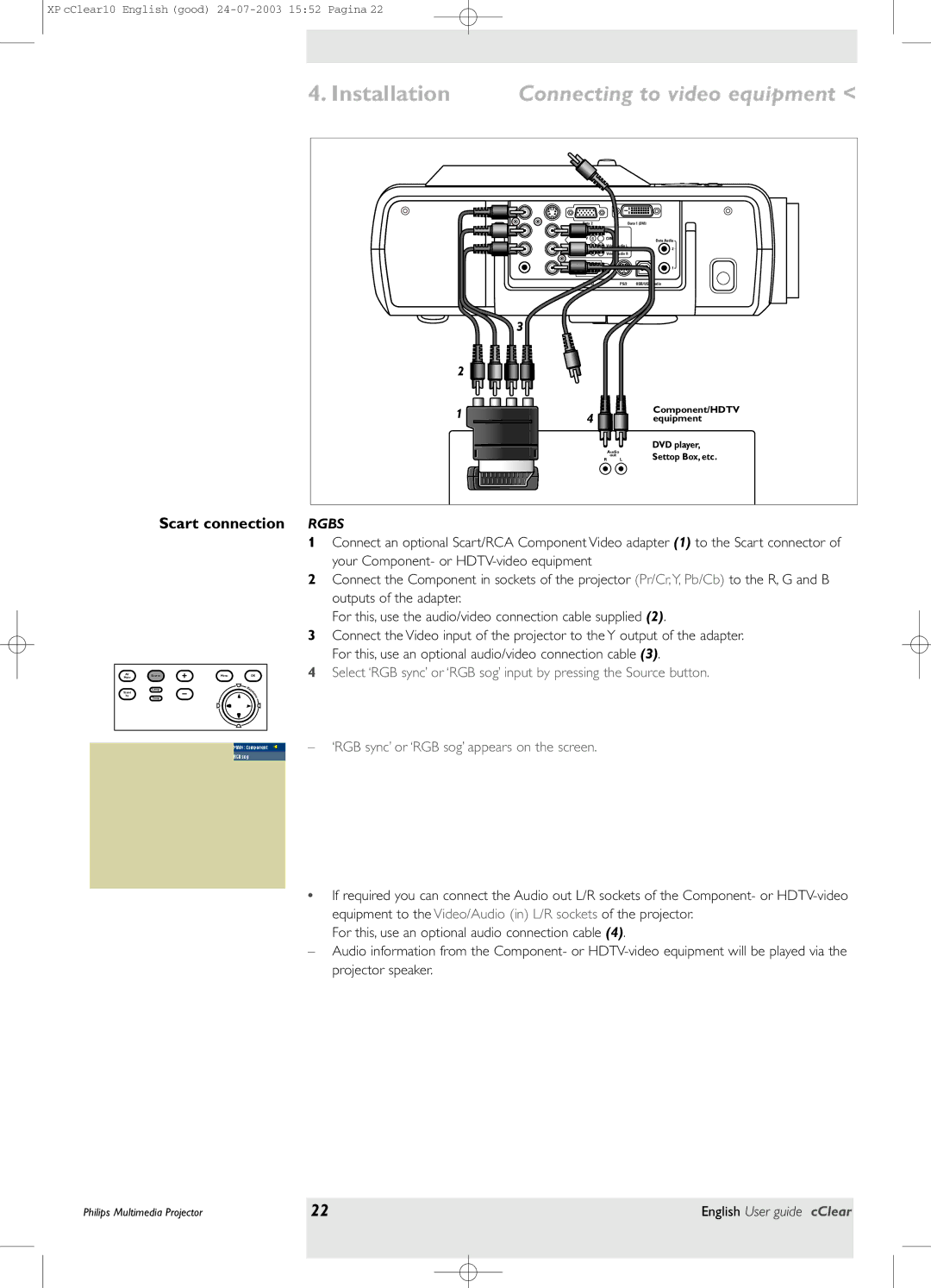 Philips bSure 1 manual Scart connection Rgbs, ‘RGB sync’ or ‘RGB sog’ appears on the screen 