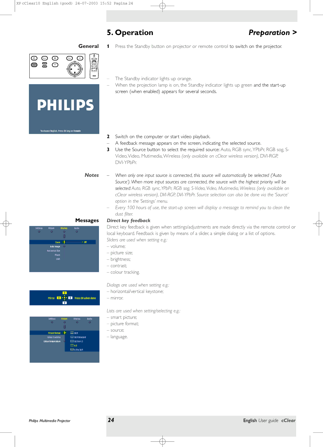 Philips bSure 1 manual OperationPreparation, Messages Direct key feedback 