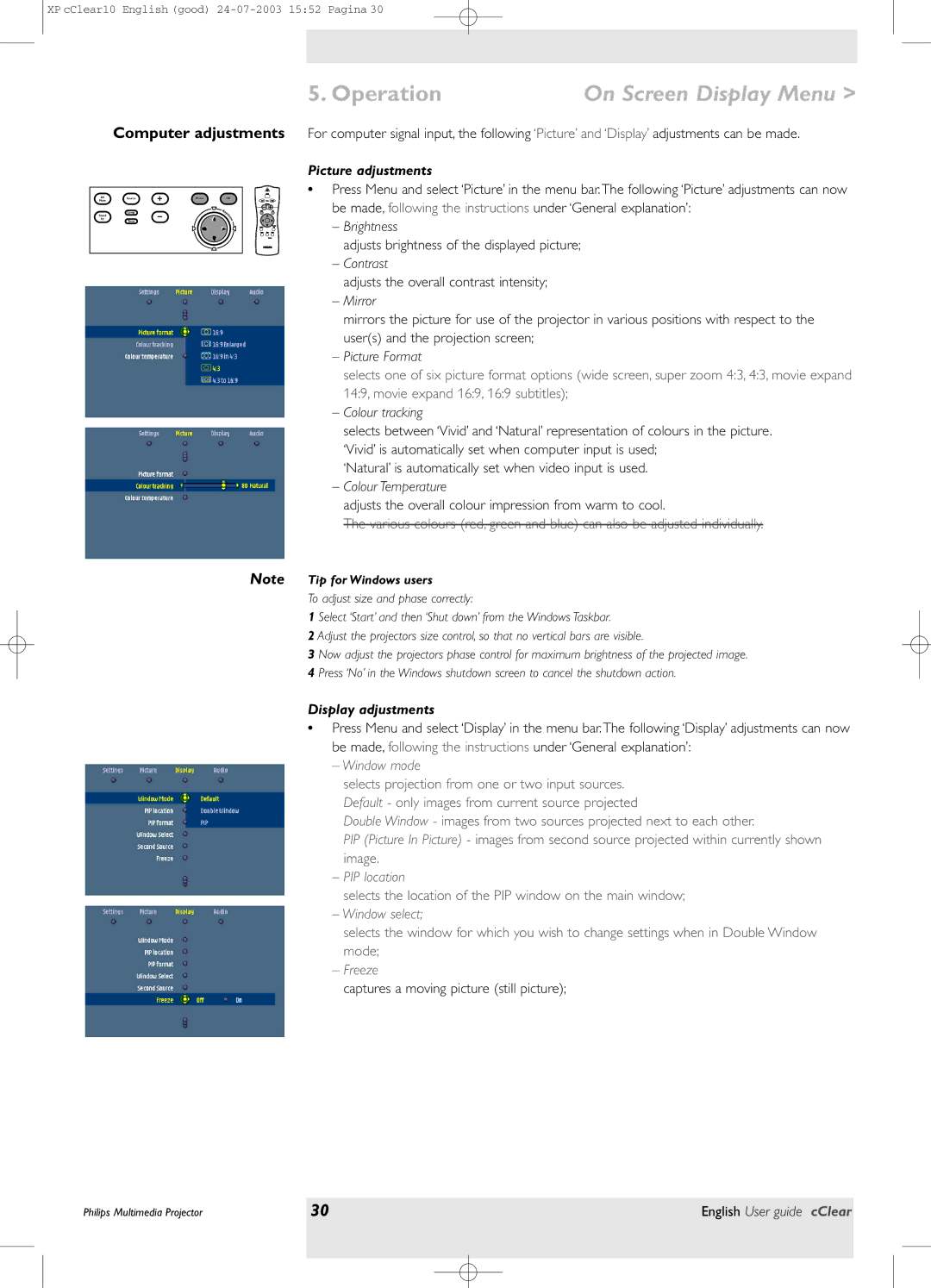 Philips bSure 1 manual Computer adjustments, Picture adjustments, Display adjustments 