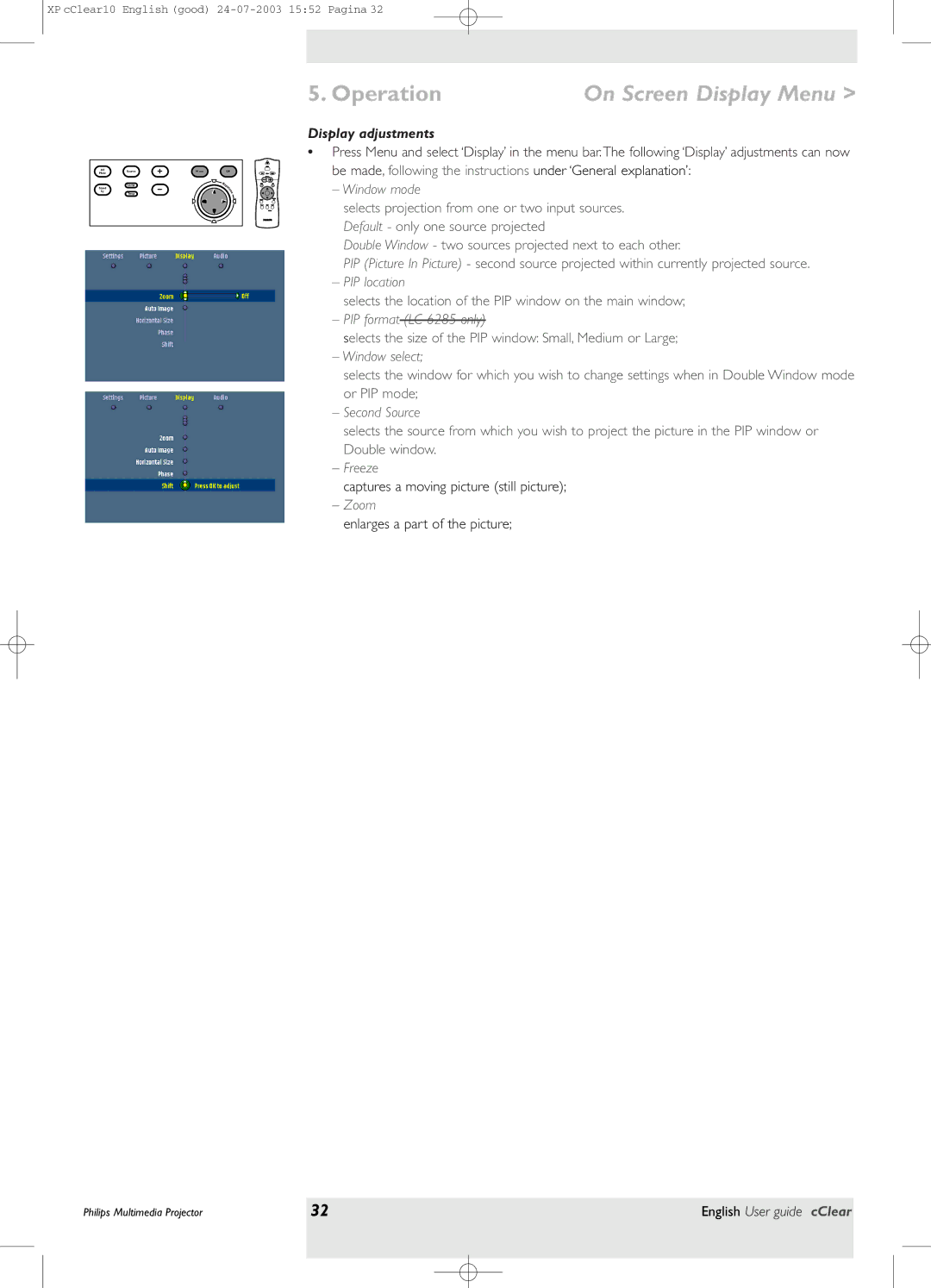 Philips bSure 1 manual OperationOn Screen Display Menu, PIP format LC 6285 only, Second Source 