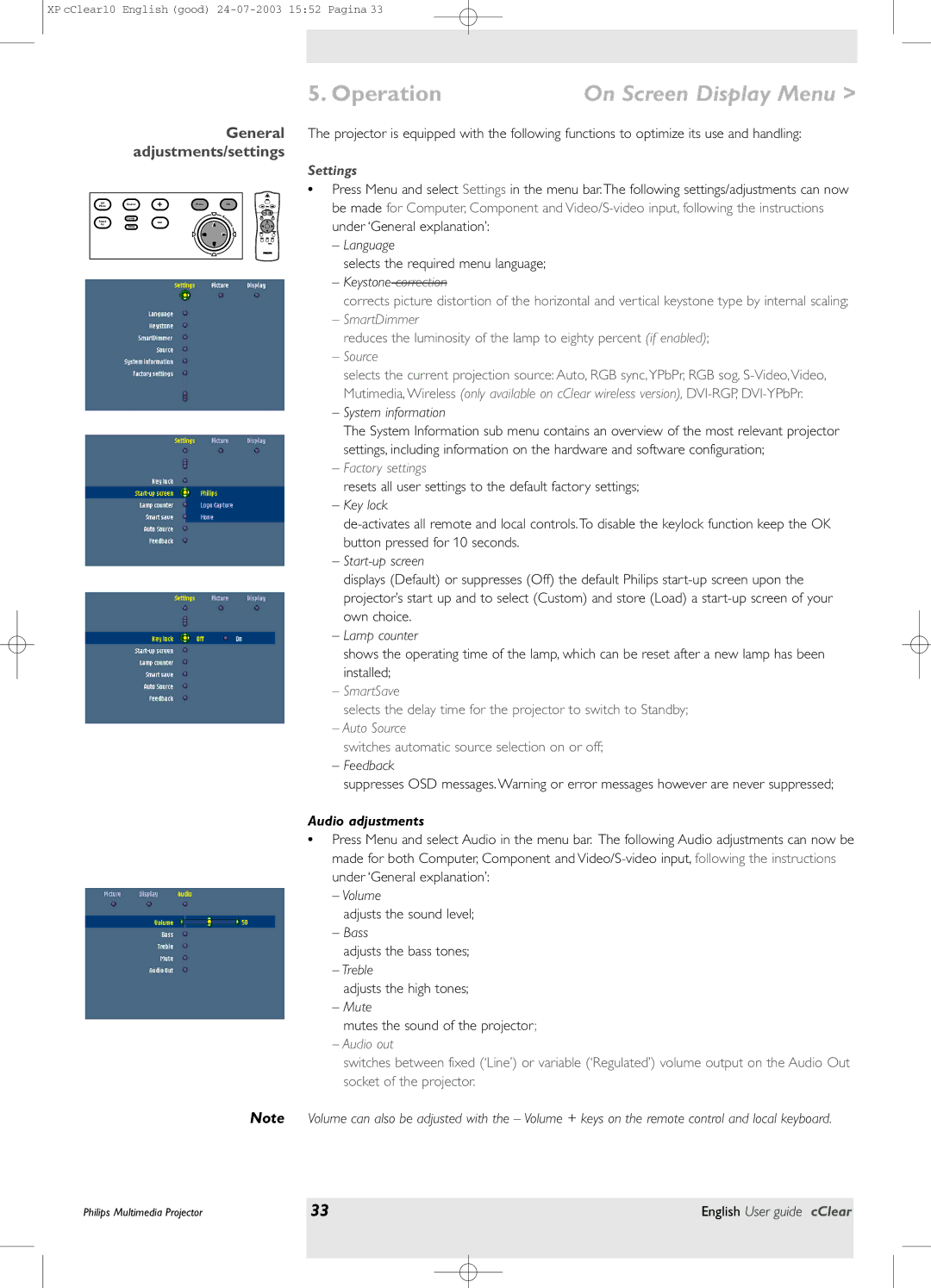 Philips bSure 1 manual General adjustments/settings, Settings, Audio adjustments 