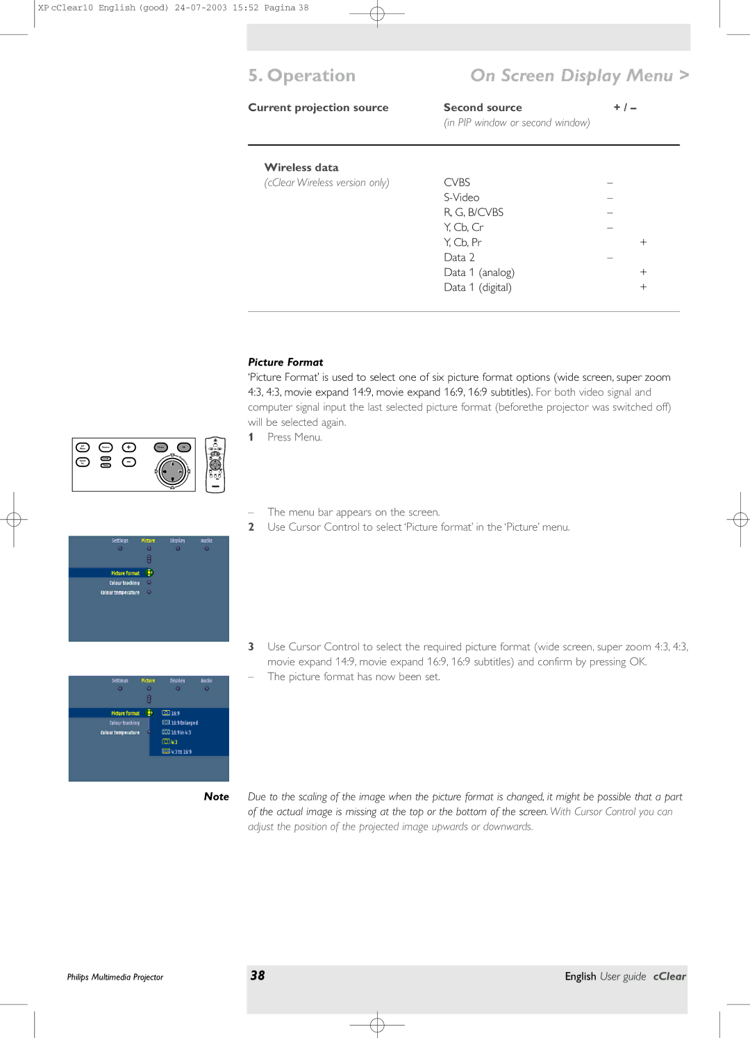 Philips bSure 1 manual Wireless data, CClear Wireless version only, Cb, Cr Cb, Pr Data Analog Digital, Picture Format 