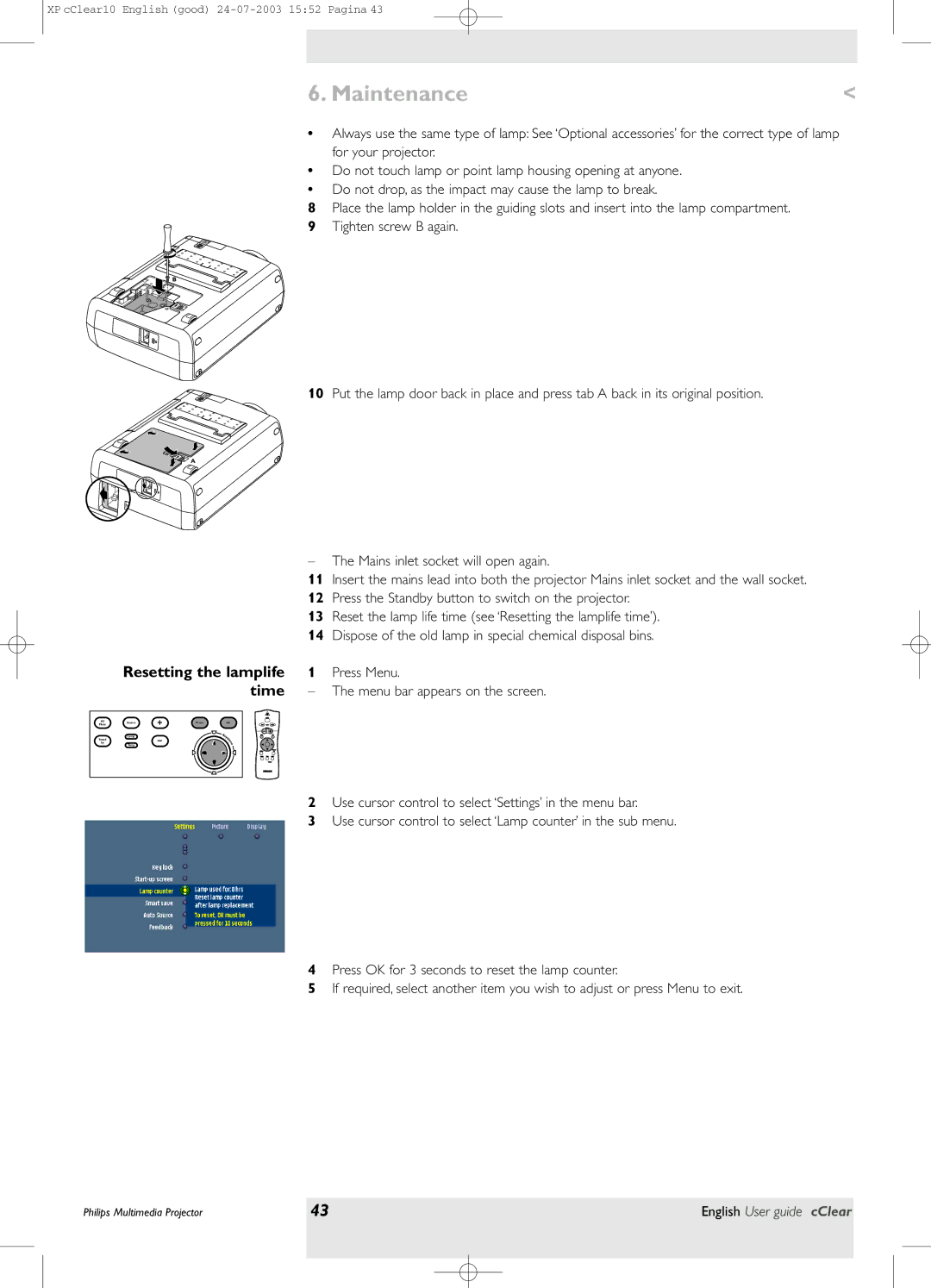 Philips bSure 1 manual Time, Resetting the lamplife Press Menu 