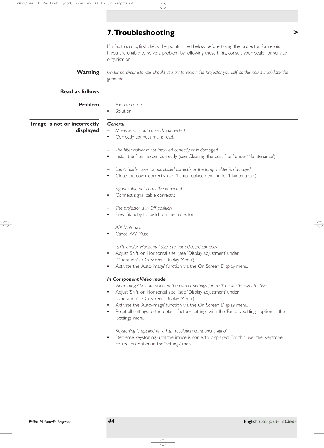 Philips bSure 1 manual Troubleshooting, Read as follows, General, Component Video mode 