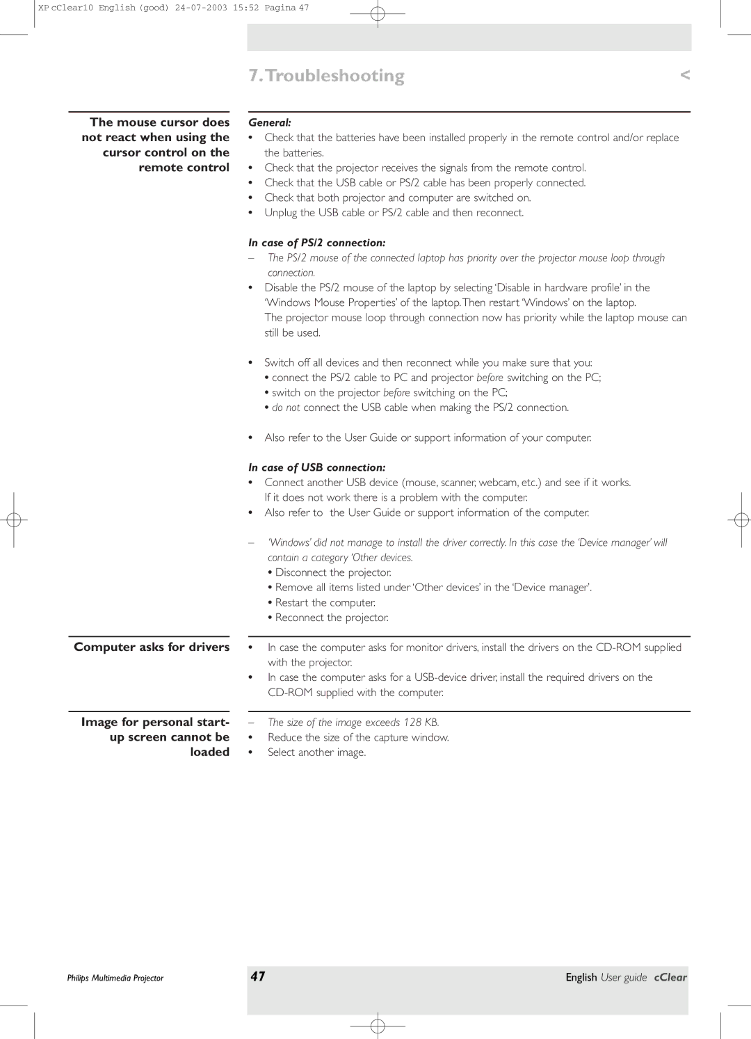 Philips bSure 1 manual Troubleshooting, Batteries, Case of USB connection 