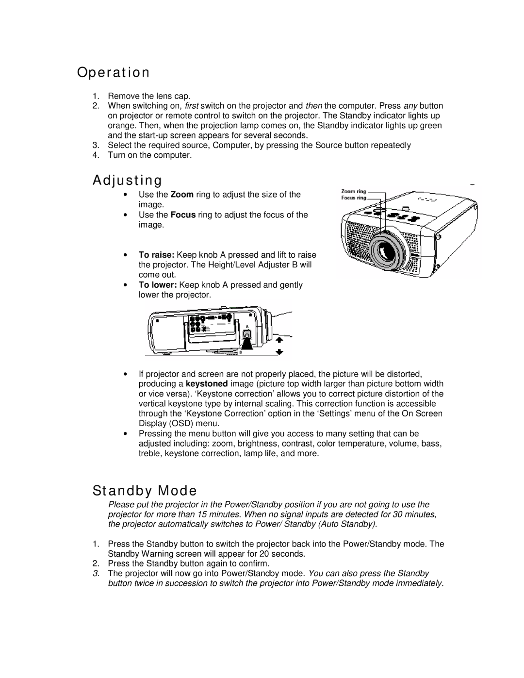 Philips bSure 2 manual Operation, Adjusting, Standby Mode 