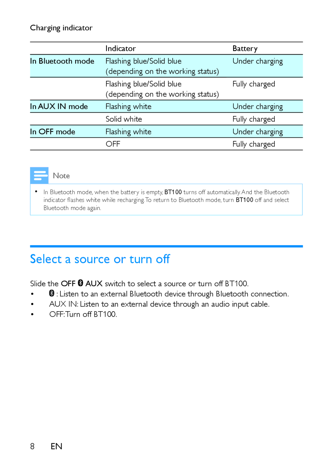 Philips BT100 user manual Select a source or turn off, Off 