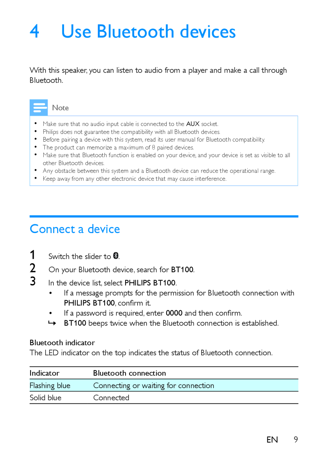 Philips BT100 user manual Use Bluetooth devices, Connect a device 