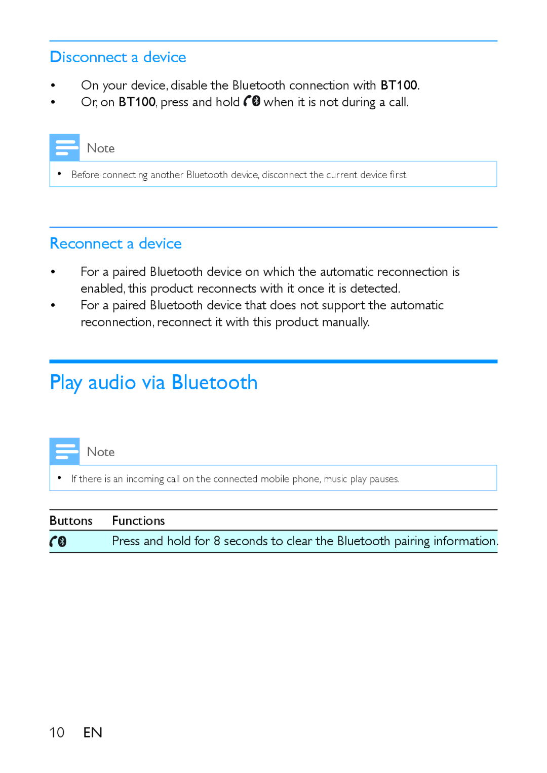 Philips BT100 user manual Play audio via Bluetooth, Disconnect a device 