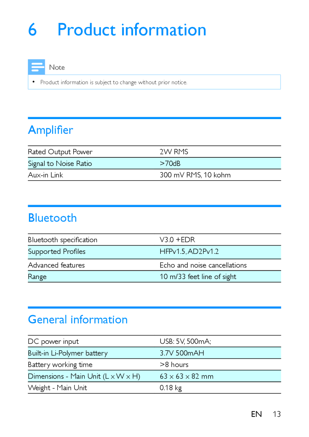 Philips BT100 user manual Product information, Amplifier, Bluetooth, General information 