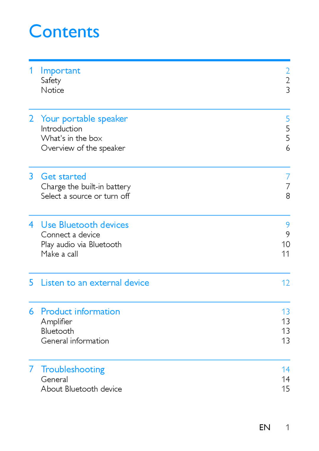 Philips BT100 user manual Contents 