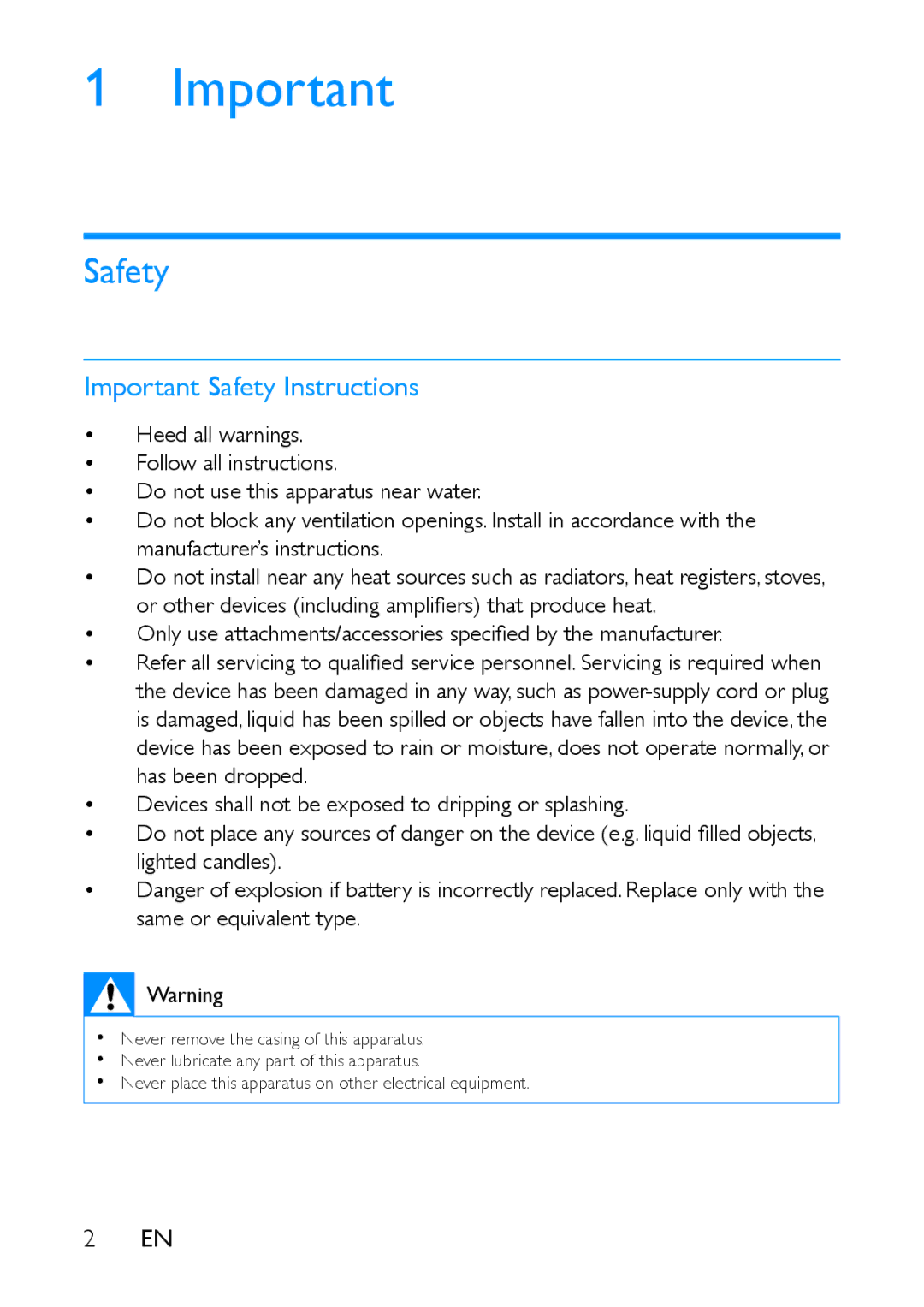 Philips BT100 user manual Important Safety Instructions 