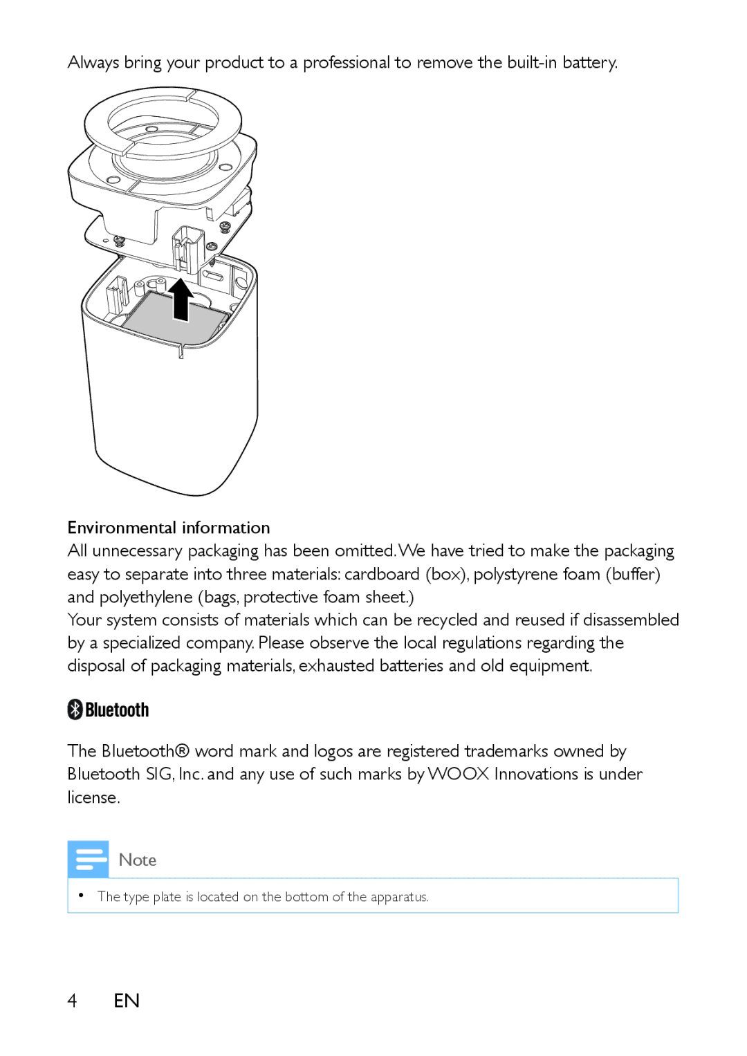 Philips BT100 user manual Type plate is located on the bottom of the apparatus 