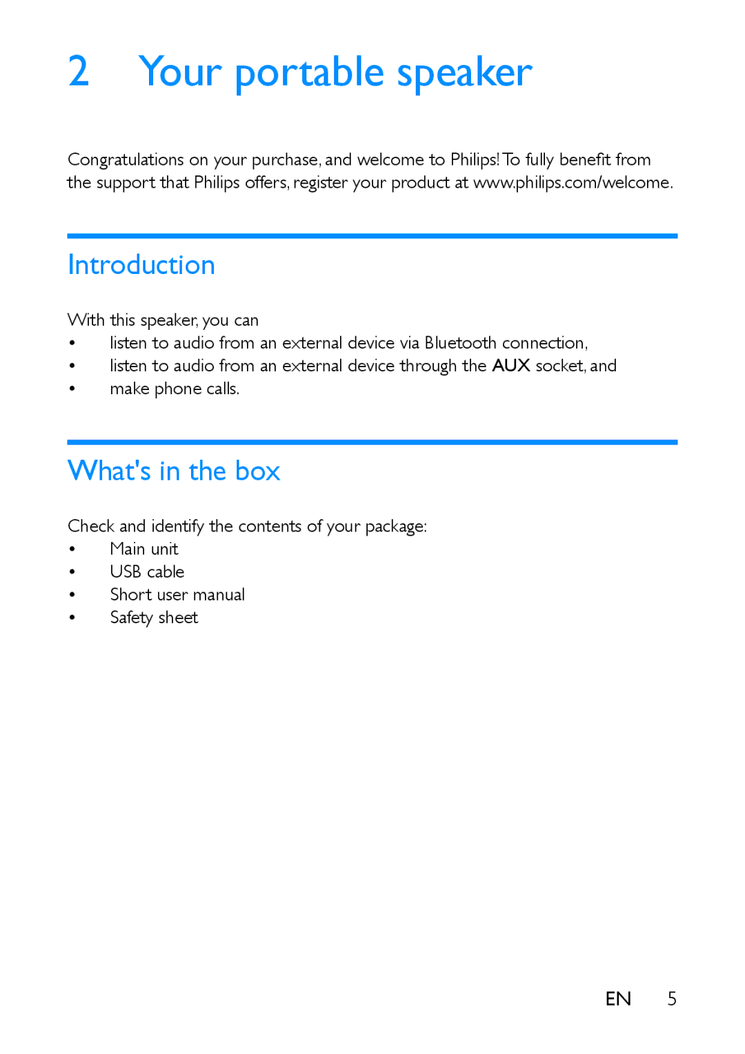 Philips BT100 user manual Your portable speaker, Introduction, Whats in the box 