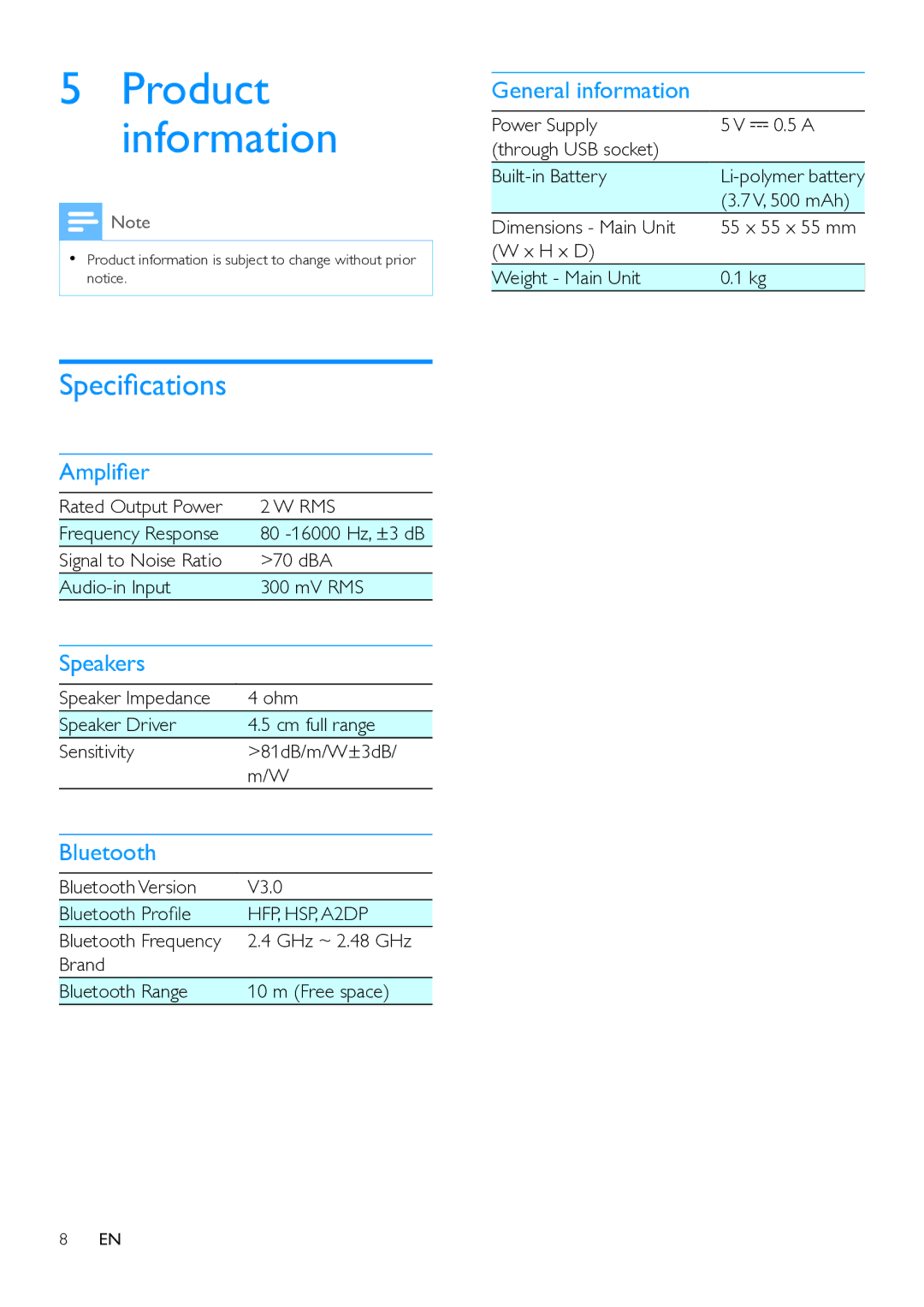 Philips BT1300 user manual Product information, Specifications 