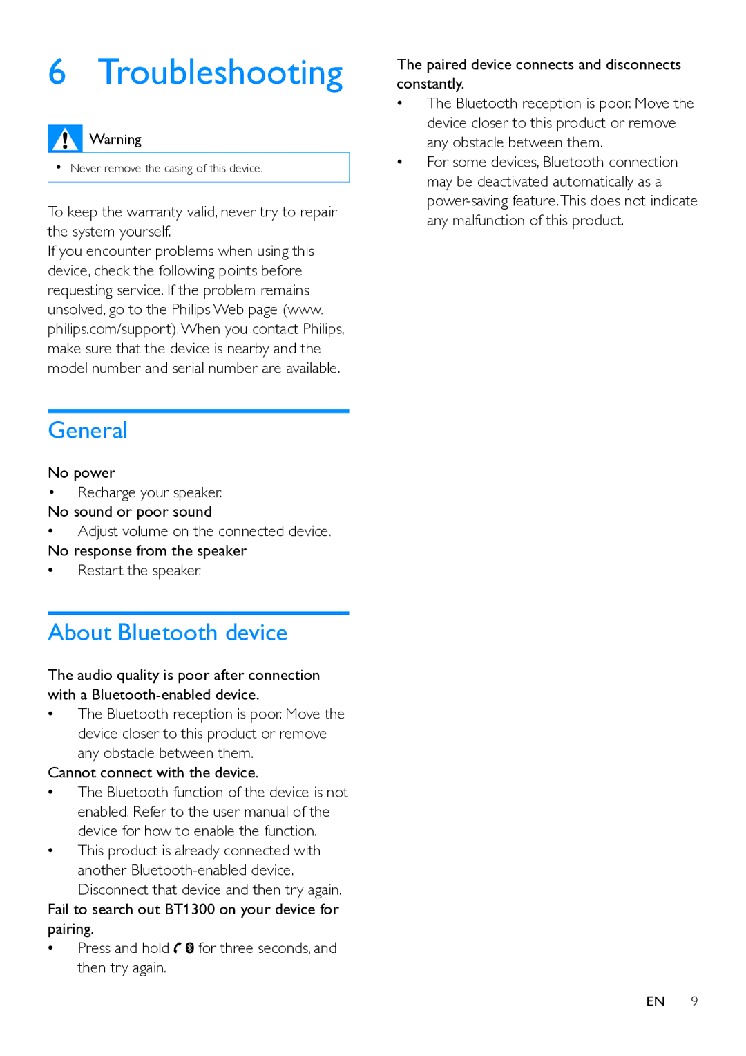 Philips BT1300 user manual Troubleshooting, General, About Bluetooth device 