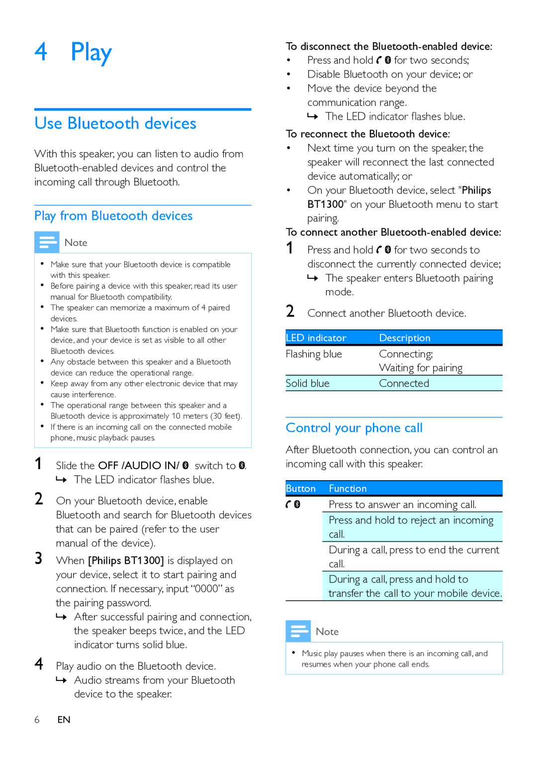 Philips BT1300 user manual Use Bluetooth devices, Play from Bluetooth devices, Control your phone call 