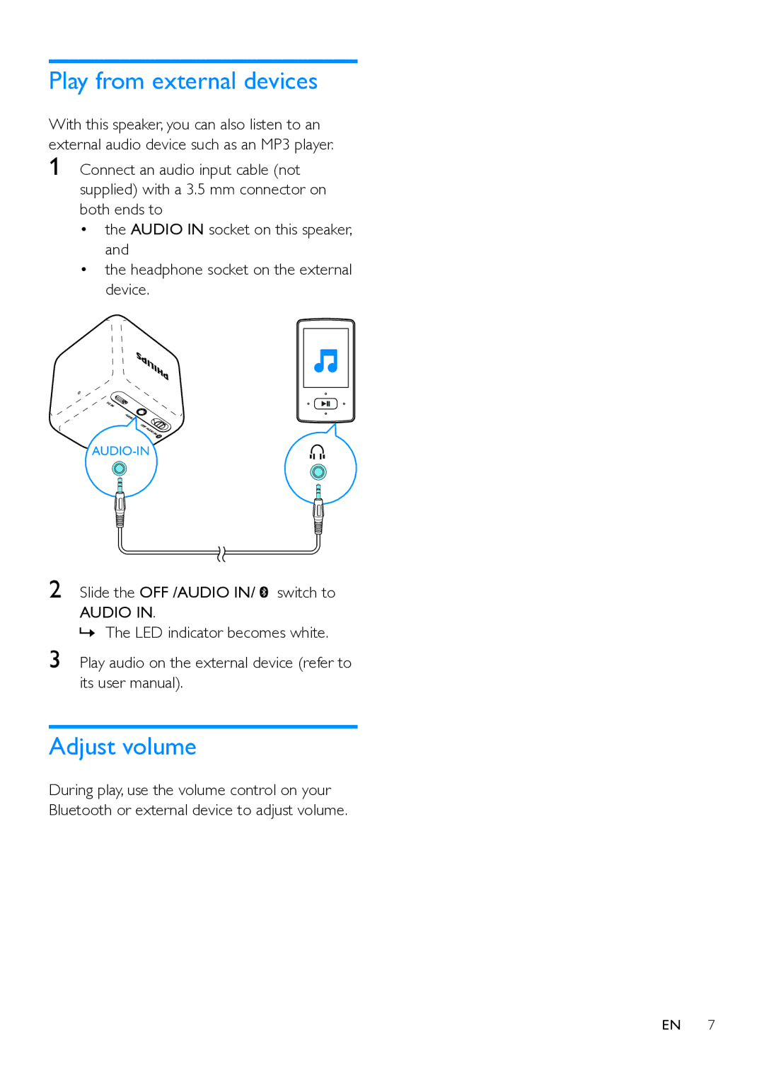 Philips BT1300 user manual Play from external devices, Adjust volume 