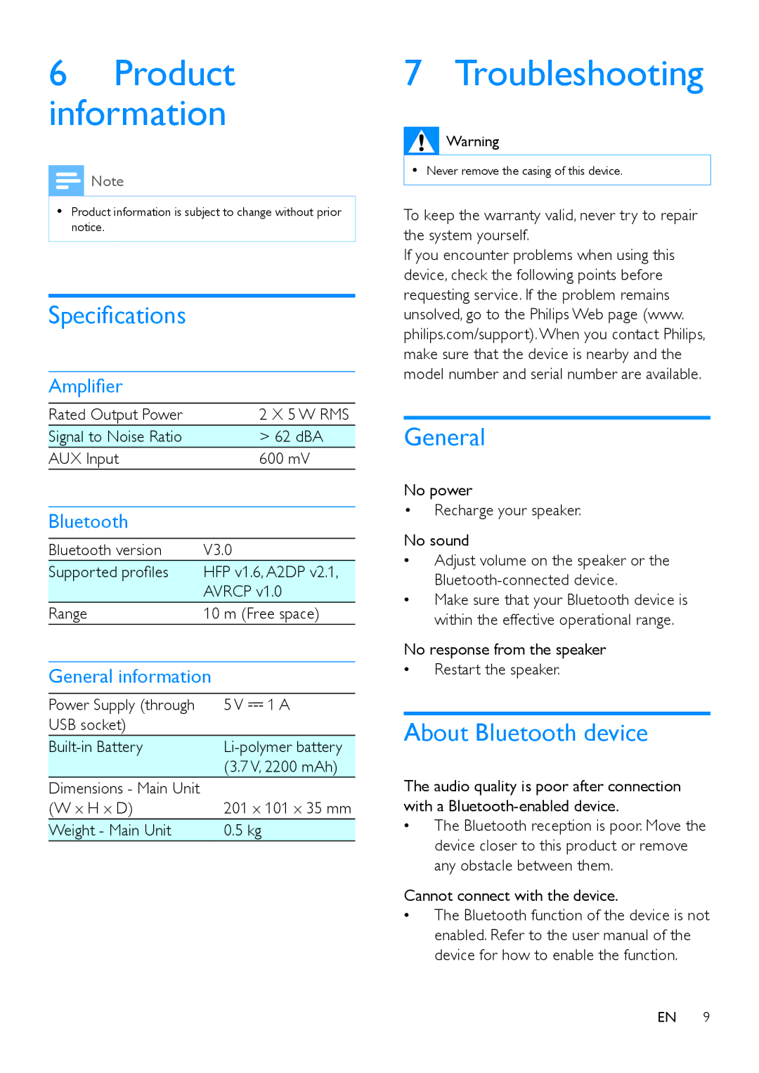 Philips BT3500 user manual Troubleshooting, Specifications, General, About Bluetooth device 