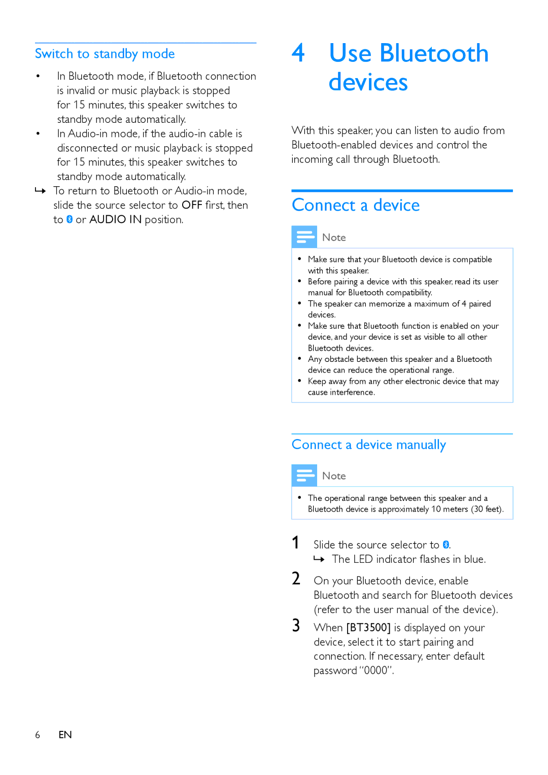 Philips BT3500 user manual Switch to standby mode, Connect a device manually 