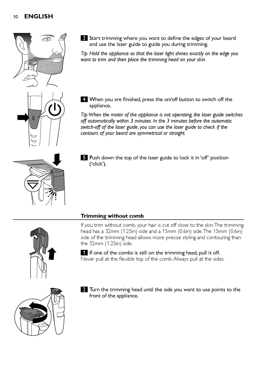 Philips BT9290, BT9280 user manual Trimming without comb 