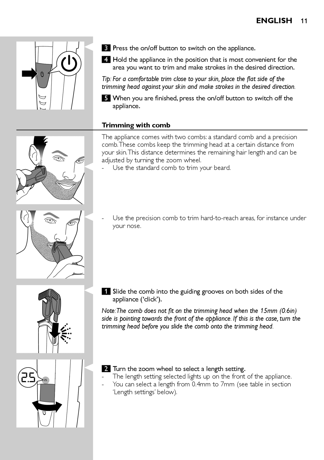 Philips BT9280, BT9290 user manual Trimming with comb, ‘Length settings’ below 