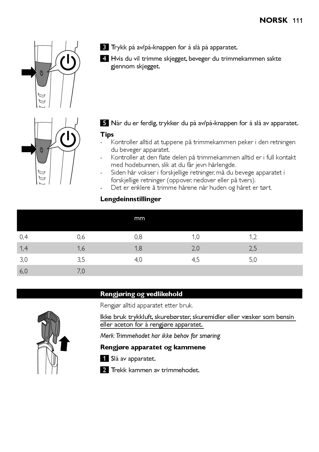 Philips BT9280, BT9290 user manual Lengdeinnstillinger, Rengjøring og vedlikehold, Rengjøre apparatet og kammene 