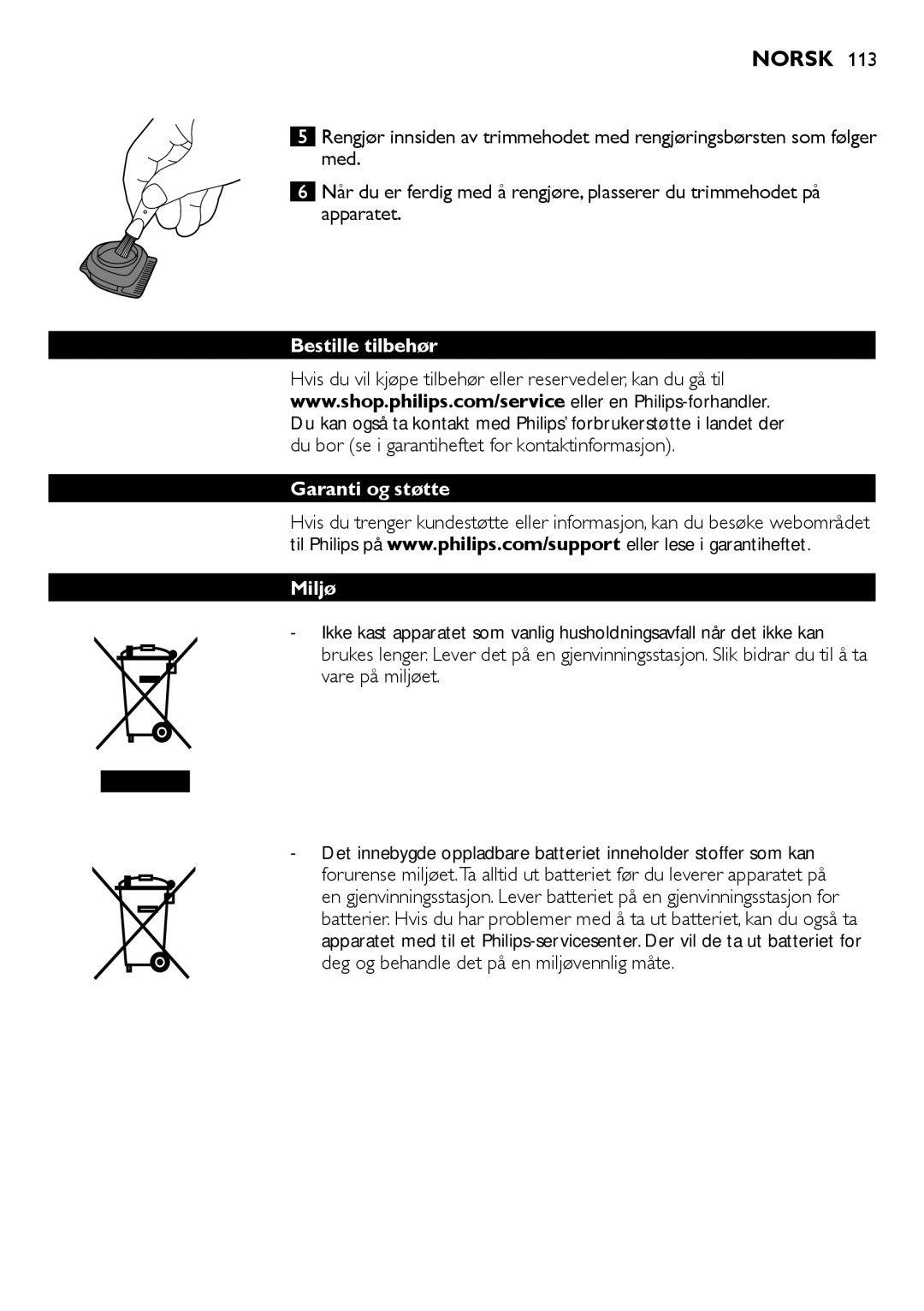 Philips BT9280, BT9290 user manual Bestille tilbehør Garanti og støtte Miljø 