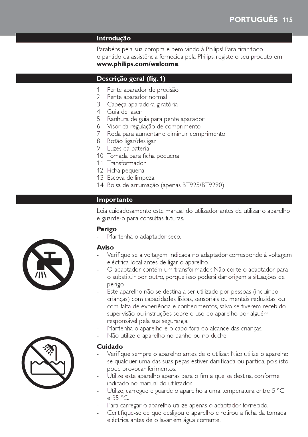 Philips BT9280, BT9290 user manual Português, Introdução, Descrição geral 