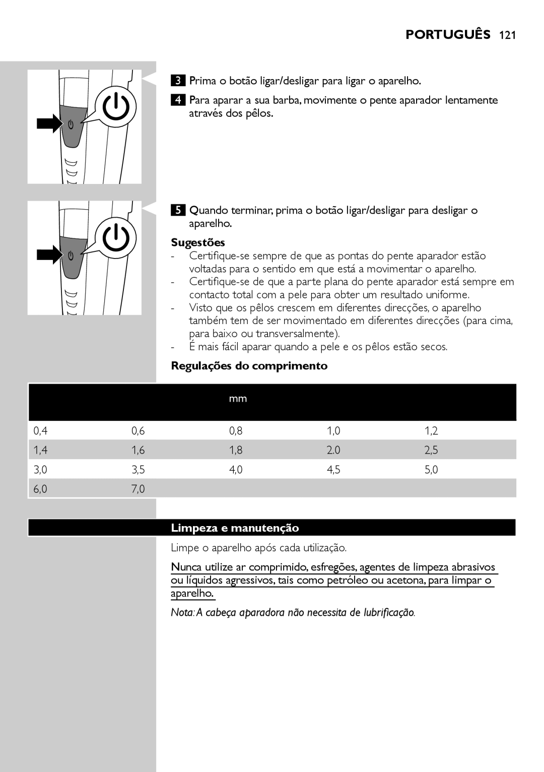 Philips BT9280, BT9290 user manual Sugestões, Regulações do comprimento, Limpeza e manutenção 