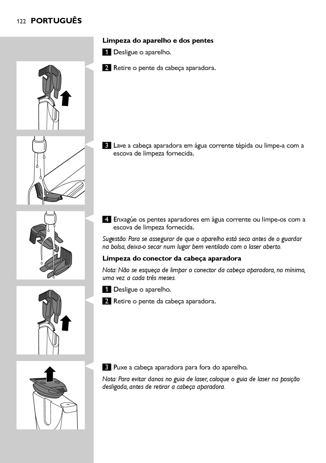 Philips BT9290, BT9280 user manual Limpeza do aparelho e dos pentes, Limpeza do conector da cabeça aparadora 