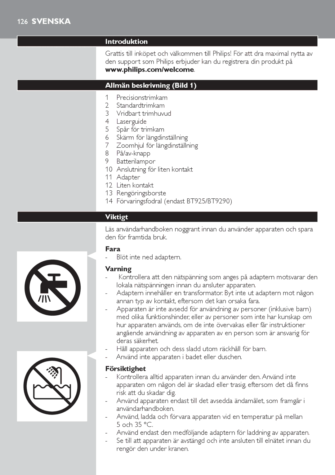 Philips BT9290, BT9280 user manual Svenska, Introduktion Allmän beskrivning Bild 1, Viktigt 