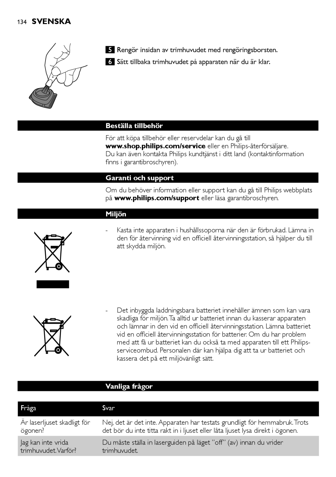 Philips BT9290, BT9280 user manual Beställa tillbehör, Garanti och support Miljön, Vanliga frågor, Fråga Svar 