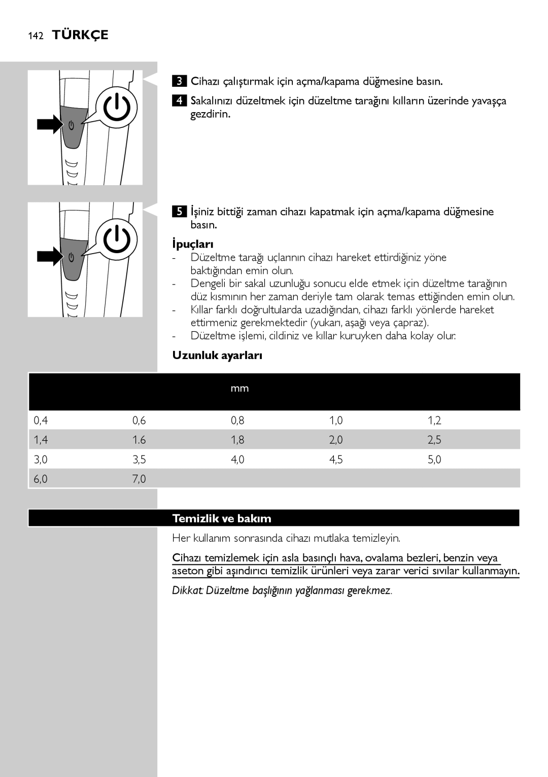 Philips BT9290, BT9280 user manual 142 Türkçe, İpuçları, Uzunluk ayarları, Temizlik ve bakım 