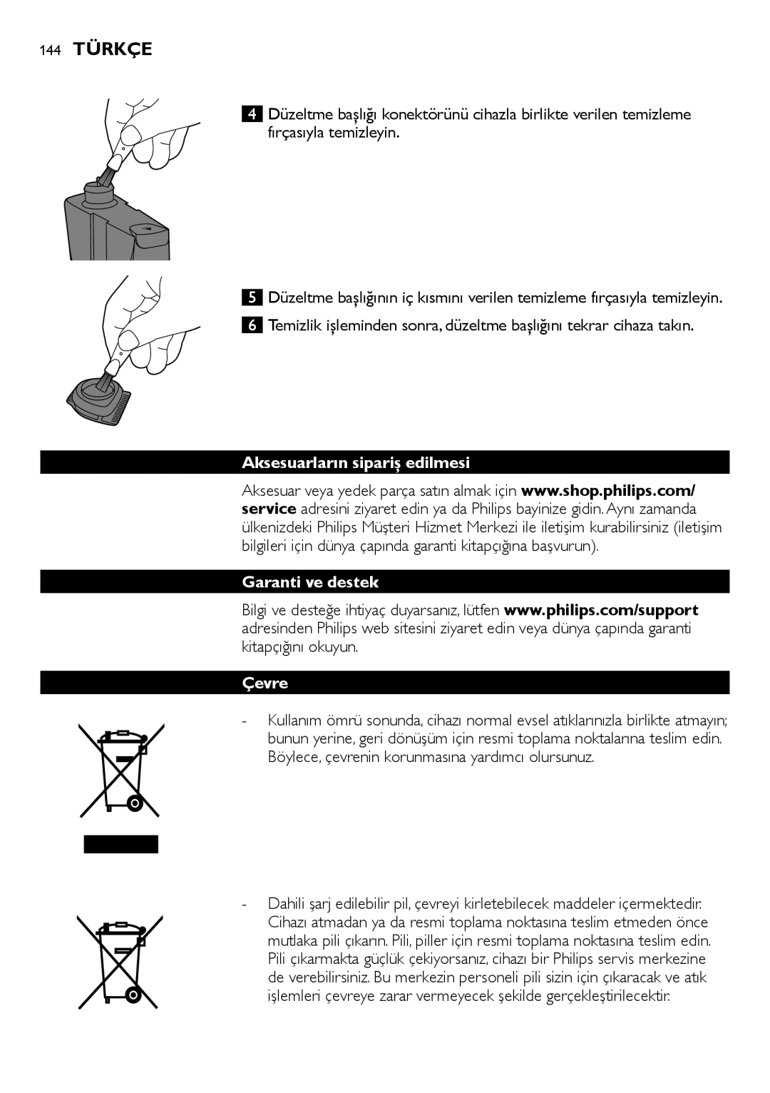 Philips BT9290, BT9280 user manual 144 Türkçe, Aksesuarların sipariş edilmesi Garanti ve destek Çevre 