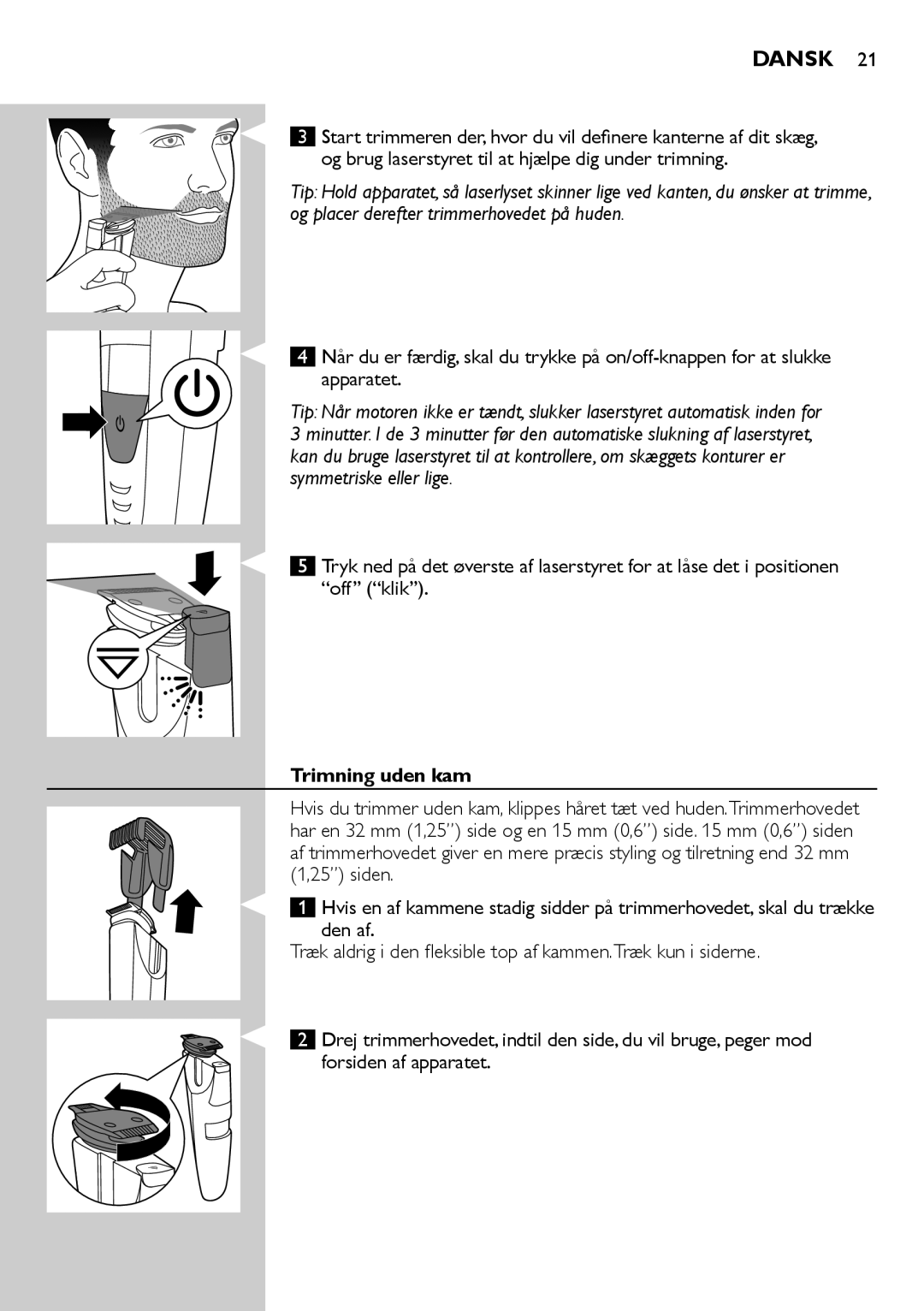 Philips BT9280, BT9290 user manual Trimning uden kam, Siden 