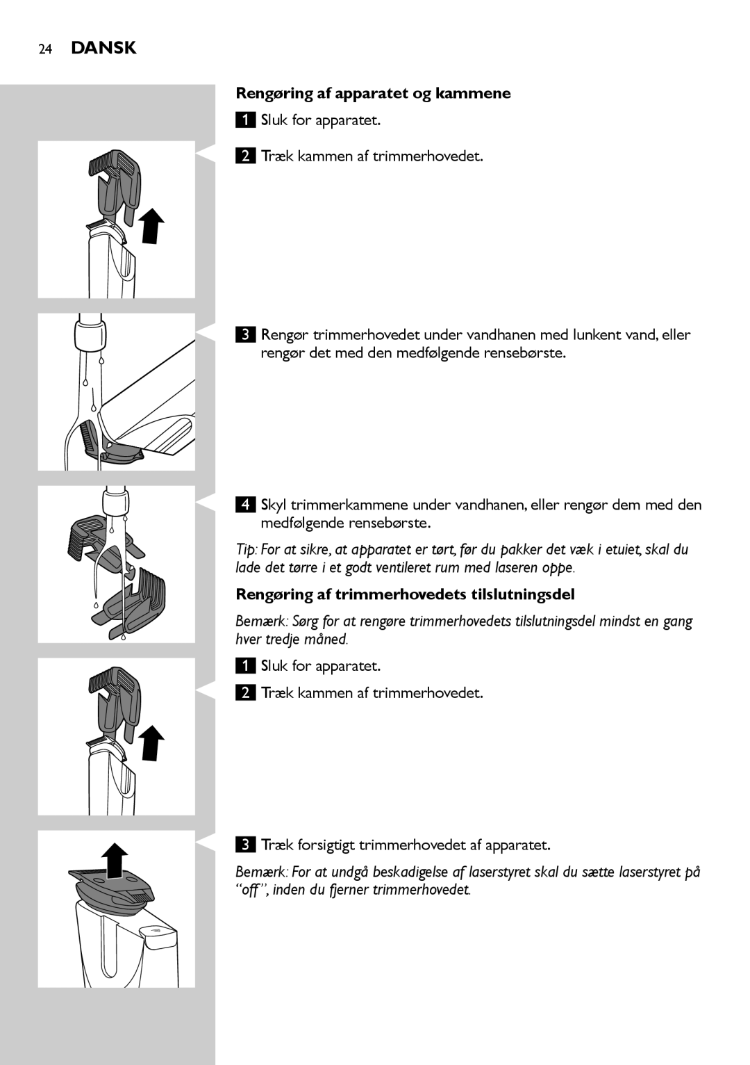 Philips BT9290, BT9280 user manual Rengøring af apparatet og kammene, Rengøring af trimmerhovedets tilslutningsdel 