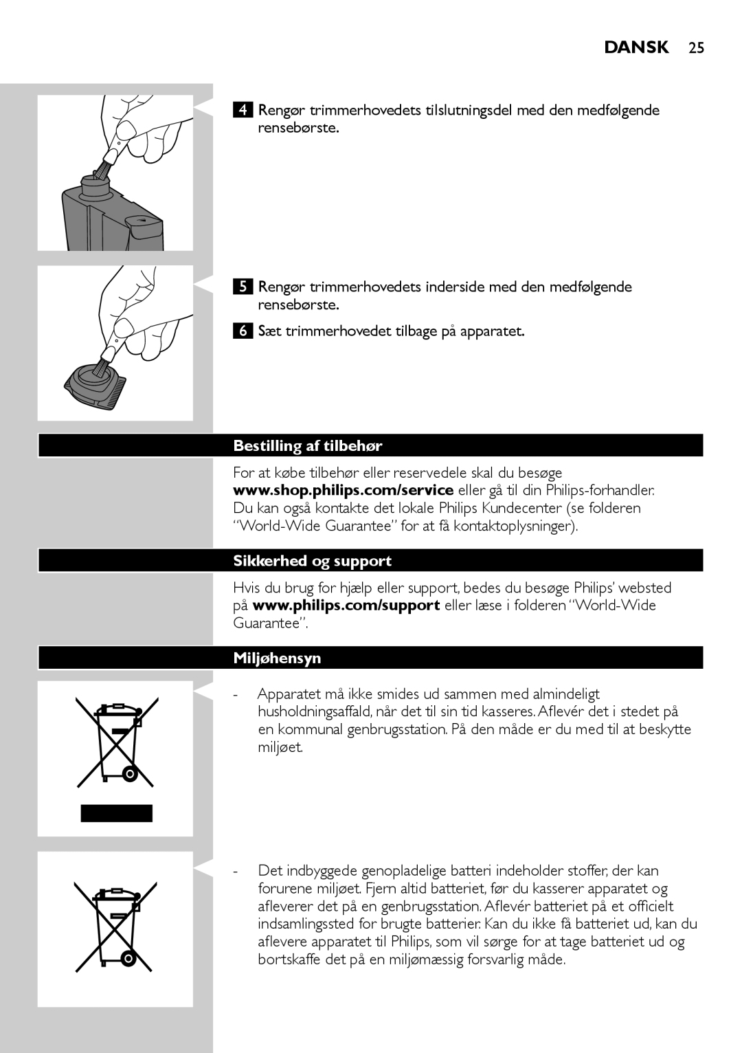 Philips BT9280, BT9290 user manual Bestilling af tilbehør Sikkerhed og support Miljøhensyn 