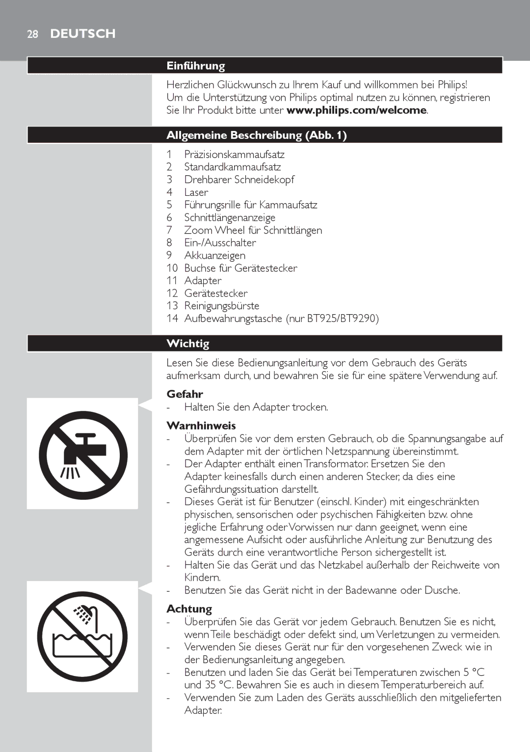 Philips BT9290, BT9280 user manual Deutsch, Einführung, Allgemeine Beschreibung Abb, Wichtig 