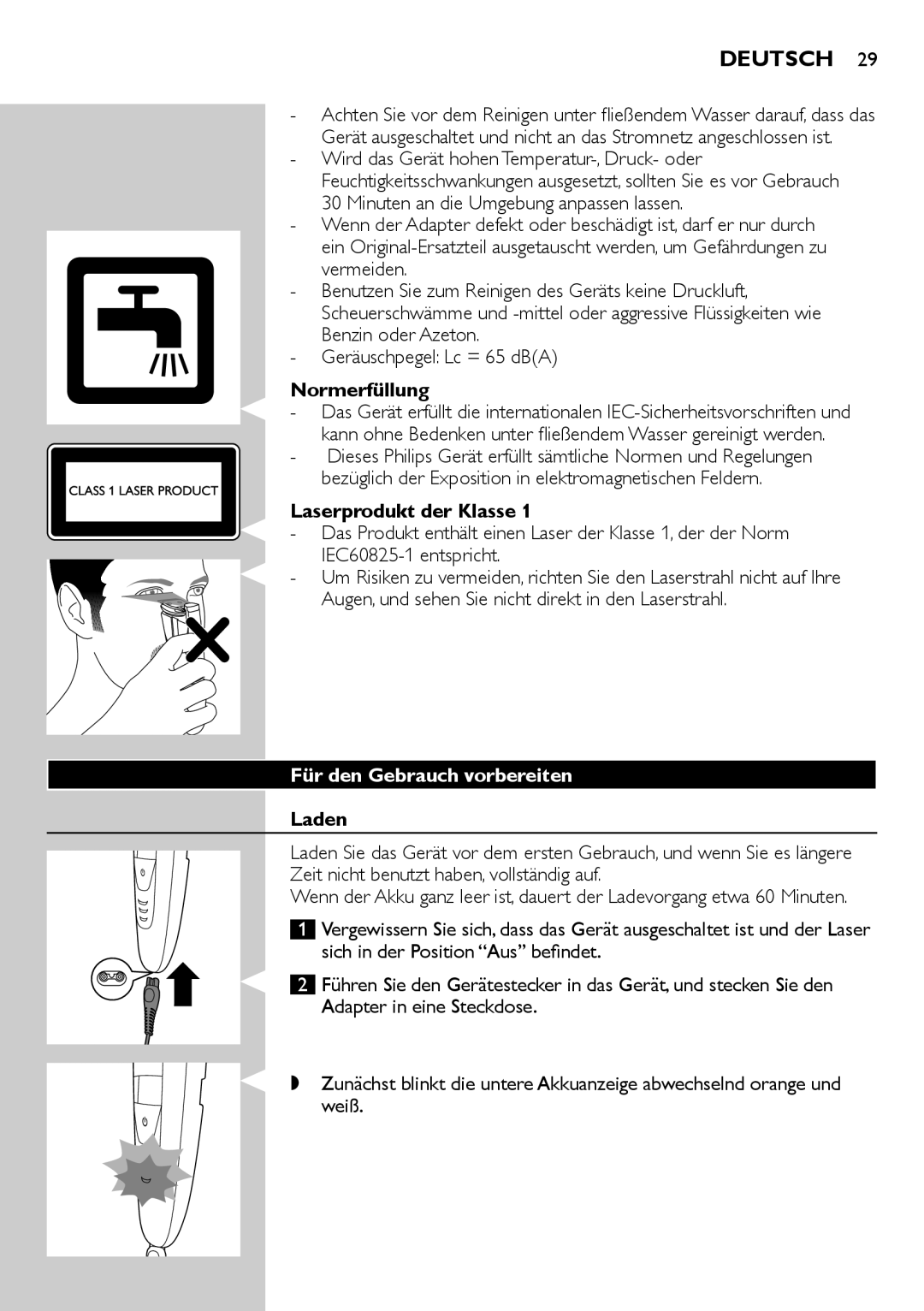 Philips BT9280, BT9290 user manual Deutsch, Normerfüllung, Laserprodukt der Klasse 1, Für den Gebrauch vorbereiten, Laden 