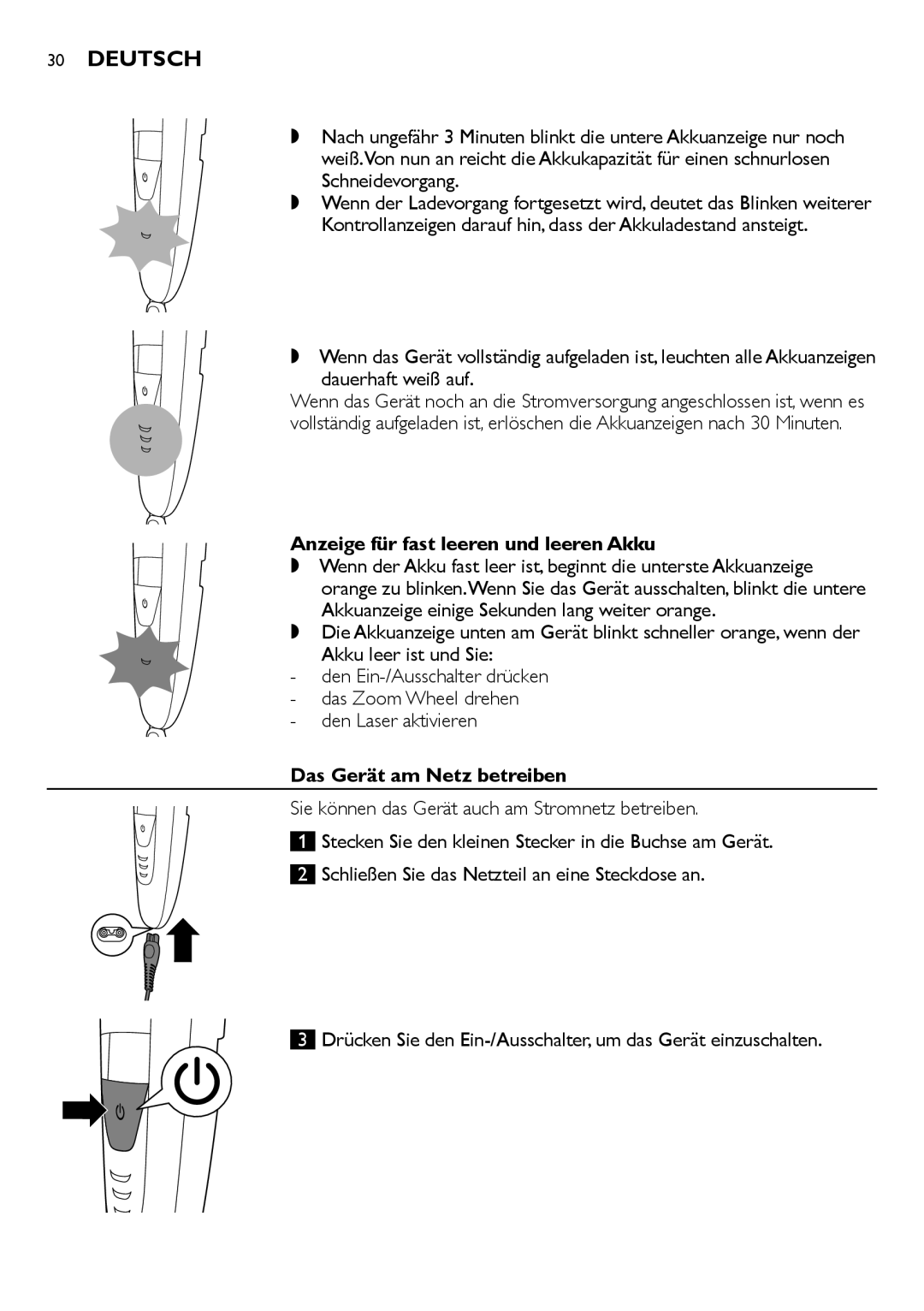 Philips BT9290, BT9280 Anzeige für fast leeren und leeren Akku, Den Laser aktivieren, Das Gerät am Netz betreiben 