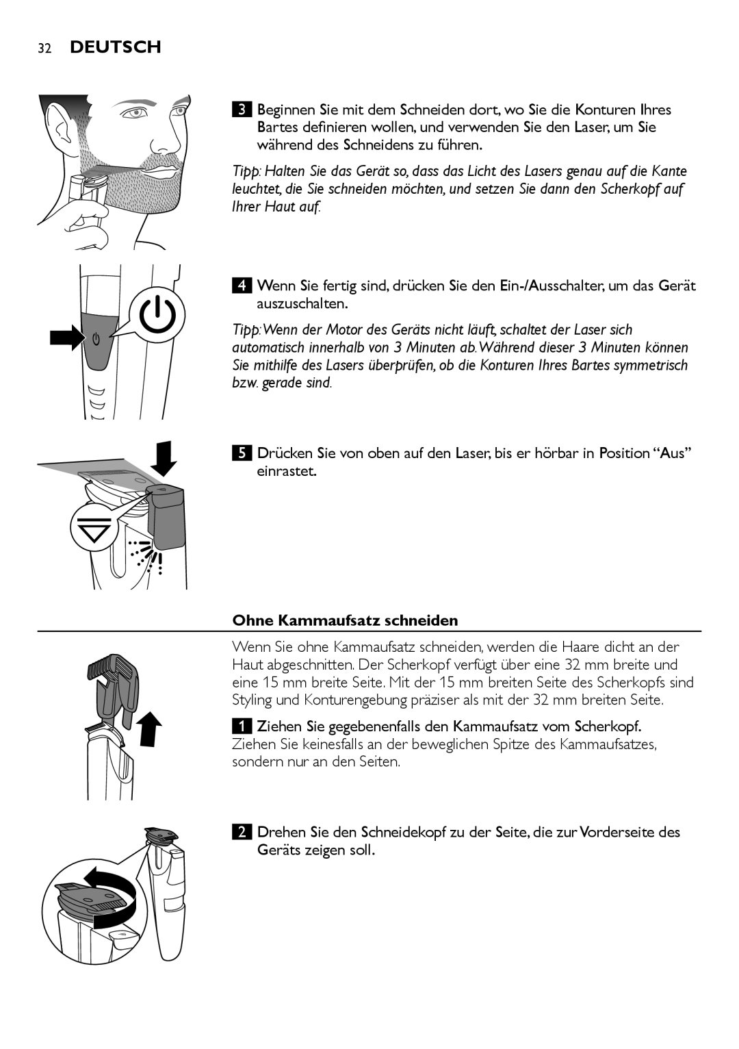 Philips BT9290, BT9280 user manual Einrastet, Ohne Kammaufsatz schneiden 