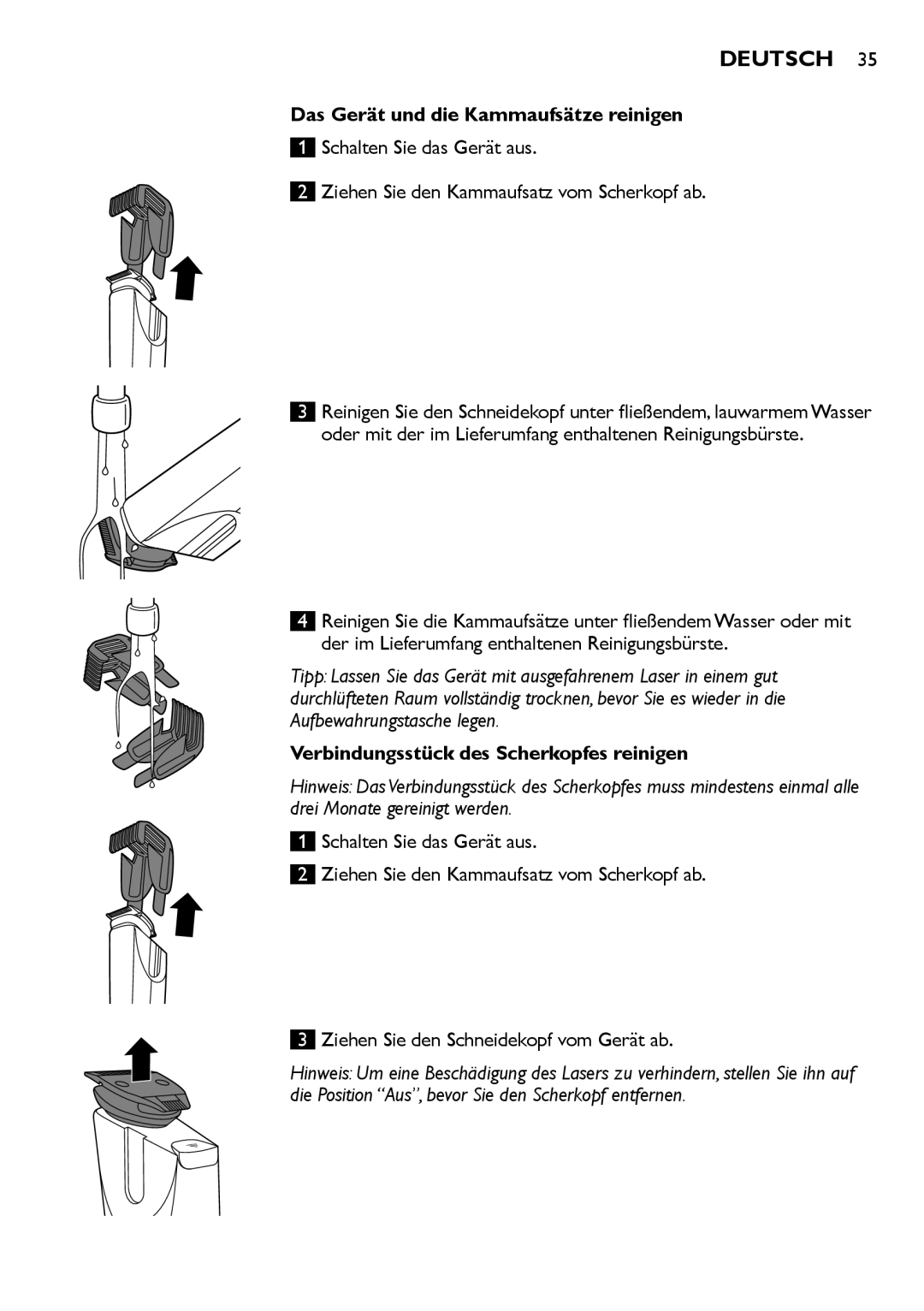 Philips BT9280, BT9290 user manual Das Gerät und die Kammaufsätze reinigen, Verbindungsstück des Scherkopfes reinigen 