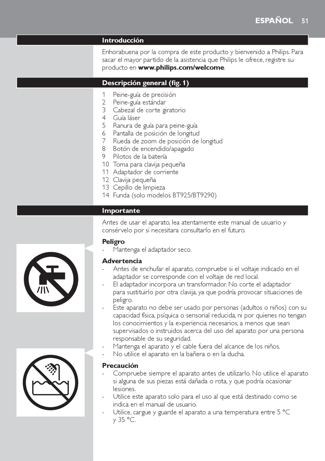 Philips BT9280, BT9290 user manual Español, Introducción Descripción general, Importante 