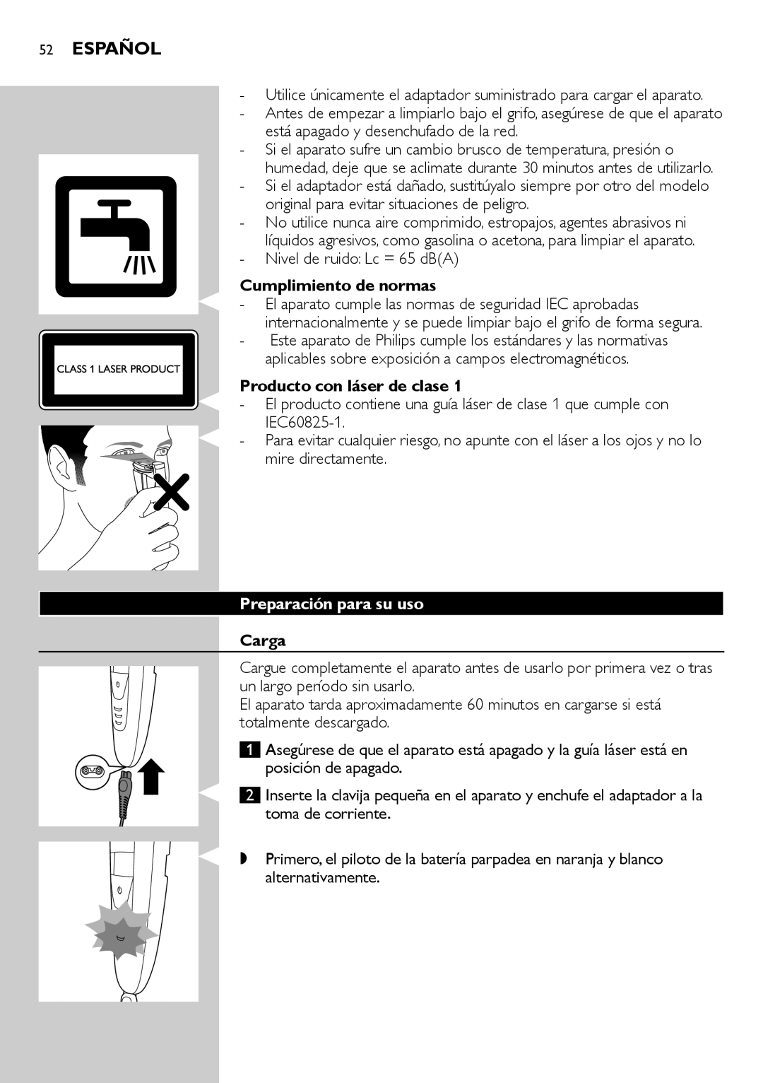 Philips BT9290, BT9280 Español, Cumplimiento de normas, Producto con láser de clase, Preparación para su uso, Carga 