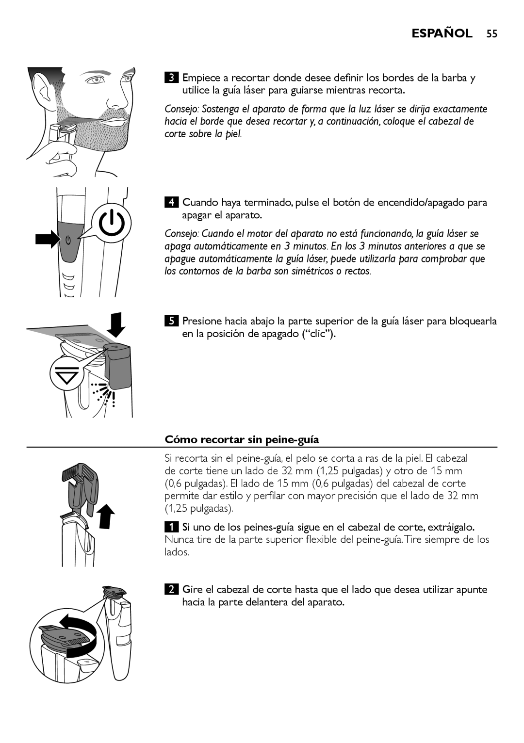 Philips BT9280, BT9290 user manual Cómo recortar sin peine-guía 