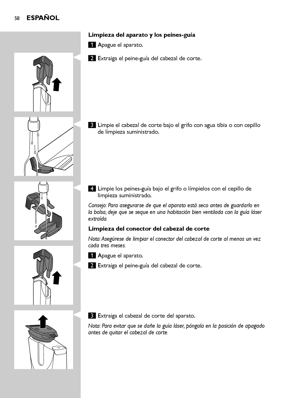 Philips BT9290, BT9280 user manual Limpieza del aparato y los peines-guía, Limpieza del conector del cabezal de corte 